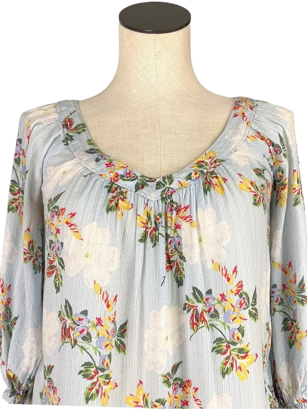 Anthropologie Maeve Boswell Womens 0P Floral Stripe Top Blue Multi 3/4 Sleeve